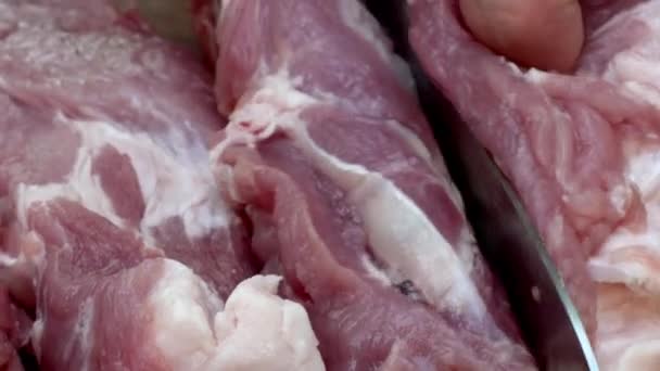 Rebanando Carne Cerdo Jugosa Trozos Grandes Deliciosos Para Asar Barbacoa — Vídeos de Stock