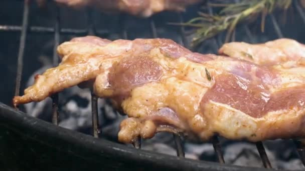 Bife Suculento Porco Com Raminhos Alecrim Grelhando Com Perfeição Brasas — Vídeo de Stock