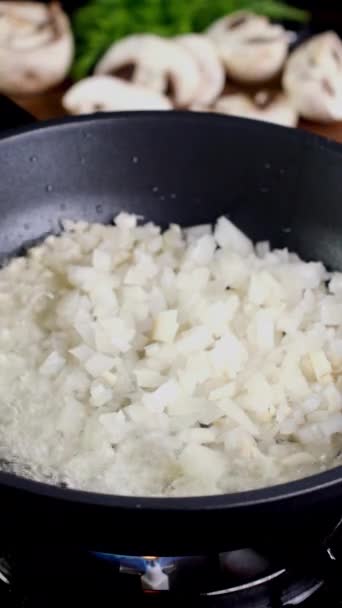 Finely Chopped Onion Sizzles Caramelizes Hot Skillet Stir Vith Spatula — Stock Video