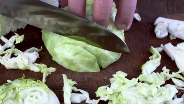 Acțiunea Bucătarilor Mâini Care Taie Prin Felii Subțiri Varză Cuțit — Videoclip de stoc