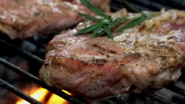 Griller Délicieux Steak Porc Juteux Sur Chaleur Grille Barbecue Extérieur — Video