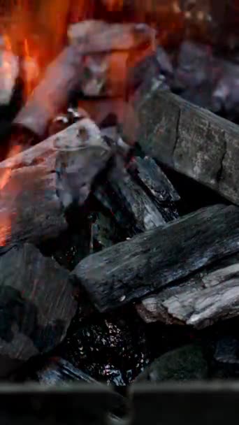 Holzkohle Grill Mit Heller Flamme Hintergrund Der Glühenden Kohlen Kamin — Stockvideo