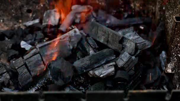 Dřevěné Uhlí Hořící Grilu Jasným Plamenem Pozadí Zářících Uhlíků Krbu — Stock video