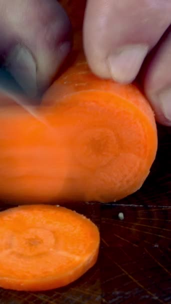 Řezání Nožem Pulzující Oranžové Čerstvé Syrové Mrkve Kruhu Vor Coocing — Stock video