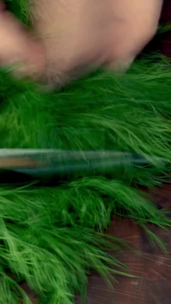 Hands Knife Grinds Green Dill Sprigs Sharp Knife Cooking Preparing — Stock Video