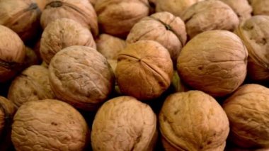 Pek çok ceviz kabuklu taze hasadı sağlıklı bir yemek örneği olarak gösteriyor. Vejetaryen ve vejetaryen sağlıklı gıda konsepti. Döndür.