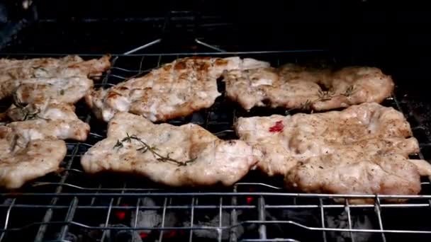 チキンフィレットの部分はケチャップとパルメザンで注ぐグレートに揚げました 週末の料理のために金属製のバーベキューグリルで焼いた肉 クローズアップ — ストック動画
