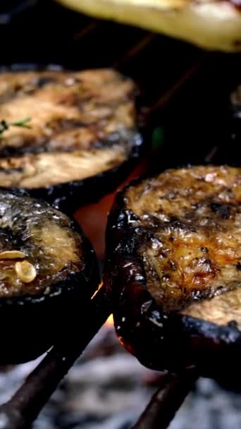 Izgara Patlıcan Halkaları Mangal Mangalında Mangal Kömürü Alev Diliyle Hazırlanıyor — Stok video