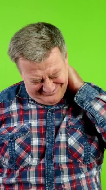 Tired Senior Man Massaging Stiff Neck Shoulder Tensed Muscles Turns — Stock Video