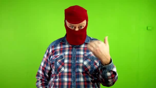 Criminoso Perigoso Máscara Ameaçando Com Faca Chama Com Mãos Bandido — Vídeo de Stock