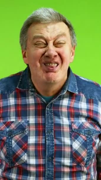 Joyful Senior Man Make Funny Face Grimacing Fooling Show Tongue — Stock Video