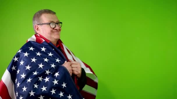 Senior Man Black Suit Eyeglasses Raises American Flag Sign Victory — Stock Video