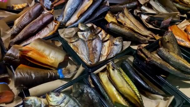 Kyjev Ukrajina Ledna 2024 Showcase Solted Smoked Fish Beer Snacks — Stock video