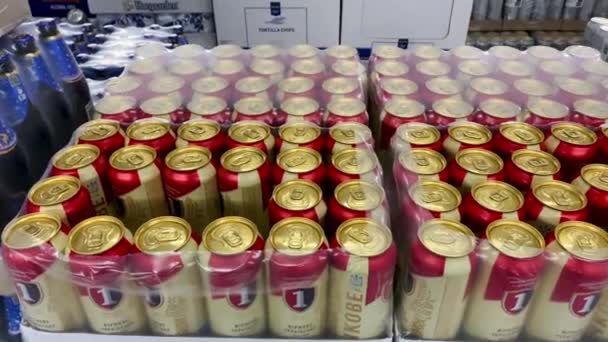 Kiev Ucrania Febrero 2024 Cerveza Del Fabricante Marca Local Apilada — Vídeos de Stock