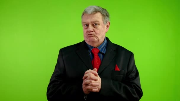 Disgruntled Businessman Black Suit Says Denies Thumbs Gesture Mature Employee — Stock Video