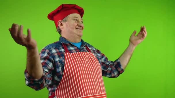 Gastvrije Vriendelijke Chef Kok Rood Schort Maken Gastvrij Gebaar Met — Stockvideo