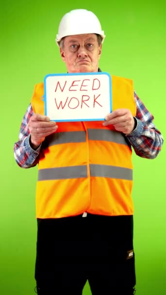 Senior Worker Uniform Helmet Holds Hands Inscription Need Work Mature — Stock Video