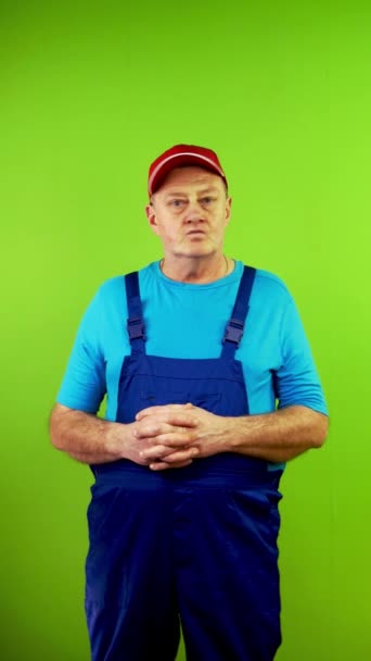 Senior Man Overalls Showing Thumb Gesture Says Absolutely Dissatisfied Mature — Stock Video