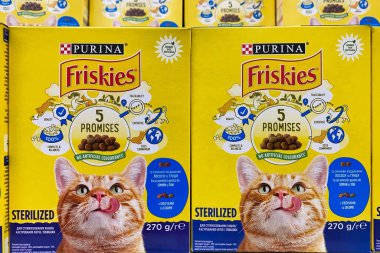 Kyiv, Ukrayna, 14 Ekim 2023, Market vitrininde satılık kutularda kediler için kuru yiyecekler paketleyen dondurmacılar. Evcil hayvan dükkanının rafında kediler için beslenen bir sürü hayvan..