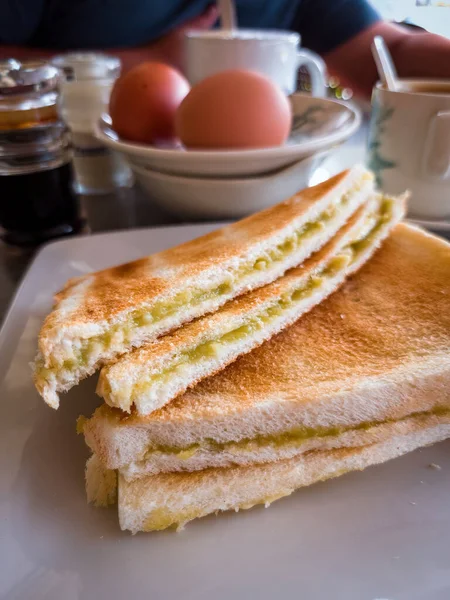 Asiático Tradicional Café Manhã Combinação Pão Torrado Com Manteiga Kaya — Fotografia de Stock