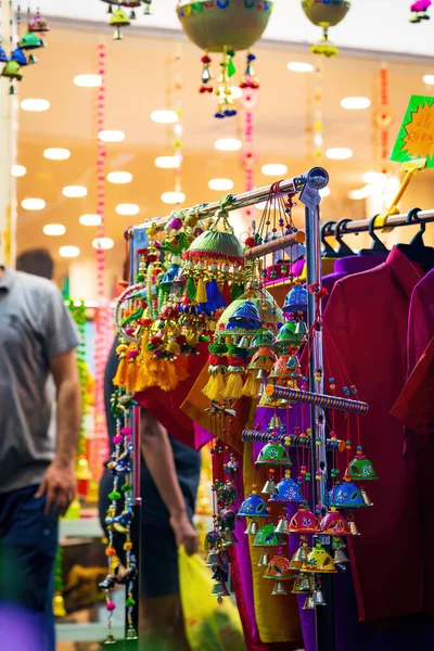 stock image Indian handmade wind chimes with bells, decorated in colourful ornaments.