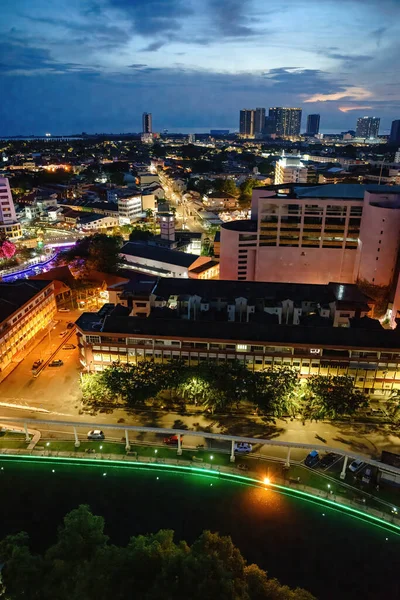 stock image Panoramic view of Malacca skyline, traffic and light by night. Colourful city lights.