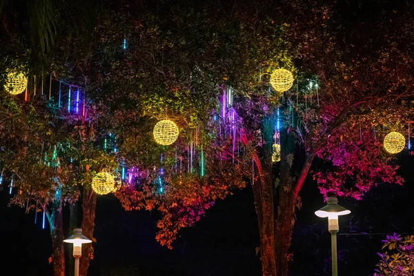 Led lights on the trees in the garden. Neon fairy party.