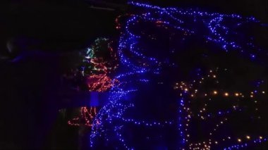 Vertical video of the colorful garlands on the trees that light up the holidays at night