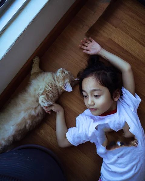 Little Girl Relaxing Floor Her Kitten High Angle View — Stockfoto