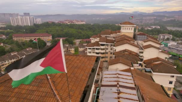 Moving Backward Palestine National Flag Waving Neighbourhood City Slow Motion — Stock Video