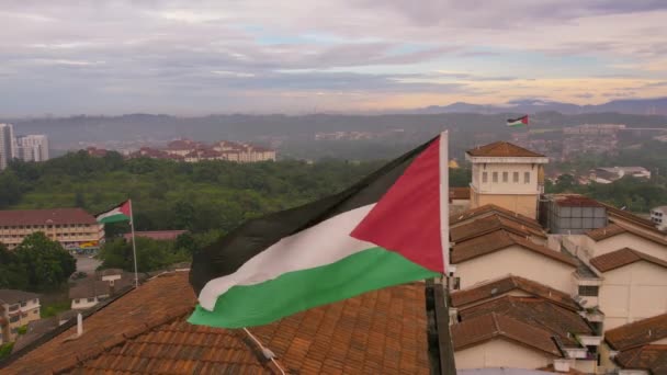 Zbliżenie Flag Narodowych Palestyny Machających Nad Budynkiem — Wideo stockowe
