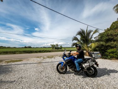 Sekinchan, Malezya - 5 Ekim 2022 Macera Gezgini çeltik tarlasından geçiyor.