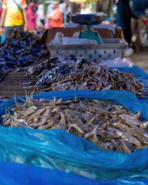 Malezya 'daki sabah pazarında satılmak üzere tezgahtaki kuru balıklar..
