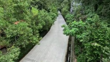 Sandalyenin yanındaki boş beyaz yol yağmur ormanlarında teleferiği kaldırıyor.