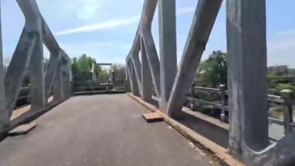 Pov Bridge Broken Way Ahead Trap People Cant Cross River — Stockvideo