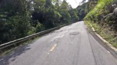 Yeşil dağ bölgesinde araba sürüyorum. Bakış açısı. Güneşli bir gün. Lam Dong bölgesi, Vietnam. Yüksek kalite 4k görüntü