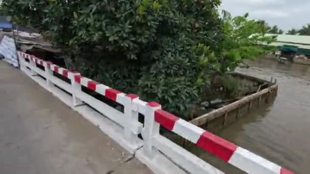 Меконг Дельта Мосты Вода Повсюду Водитель Мотоцикла Вьетнам Высококачественные Кадры — стоковое видео