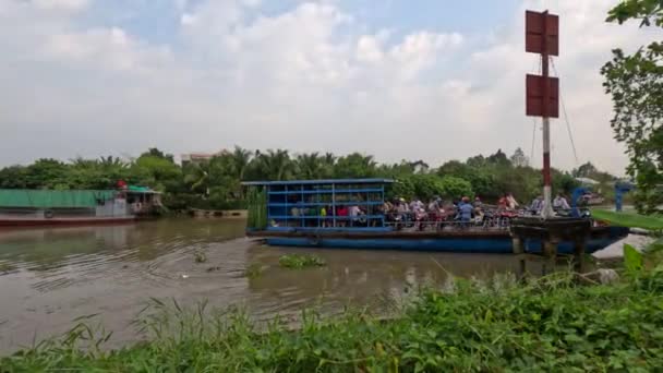 Mekong Delta Small Ferry People Motorbikes Small Dirty River Vinh — Stock Video