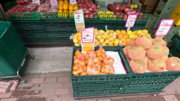 Фруктовый Овощной Магазин Японии Хоккайдо Апельсины Яблоки Дыни Виноград Высококачественные — стоковое видео