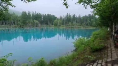 Biei, Hokkaido Japonya 'da nefes kesen güzel Shirogane Mavi Göleti. Yağmurlu bulutlu bir gün. Alüminyum reaksiyon suyu mavi yapar. Yüksek kalite 4k görüntü