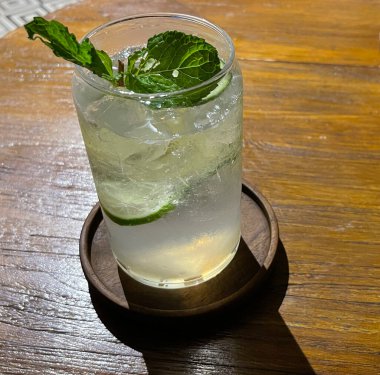 Seçici odak, lezzetli ferahlatıcı yaz mojito buzlu, limonlu ve naneli. Ahşap. Uzayı kopyala Soğuk limonata, tonik..