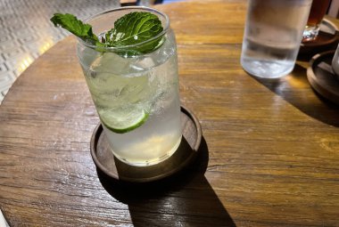 Seçici odak, lezzetli ferahlatıcı yaz mojito buzlu, limonlu ve naneli. Ahşap. Uzayı kopyala Soğuk limonata, tonik..