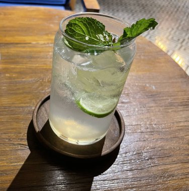 Seçici odak, lezzetli ferahlatıcı yaz mojito buzlu, limonlu ve naneli. Ahşap. Uzayı kopyala Soğuk limonata, tonik..