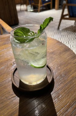 Seçici odak, lezzetli ferahlatıcı yaz mojito buzlu, limonlu ve naneli. Ahşap. Uzayı kopyala Soğuk limonata, tonik..