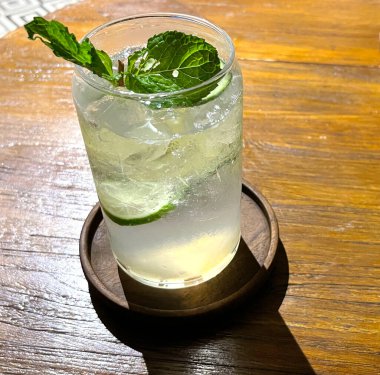 Seçici odak, lezzetli ferahlatıcı yaz mojito buzlu, limonlu ve naneli. Ahşap. Uzayı kopyala Soğuk limonata, tonik..