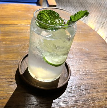 Seçici odak, lezzetli ferahlatıcı yaz mojito buzlu, limonlu ve naneli. Ahşap. Uzayı kopyala Soğuk limonata, tonik..