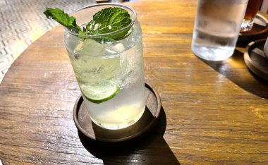 Seçici odak, lezzetli ferahlatıcı yaz mojito buzlu, limonlu ve naneli. Ahşap. Uzayı kopyala Soğuk limonata, tonik..