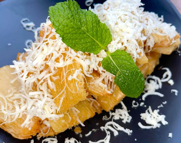 Fried Cassava Topping Cheese Top Indonesian Traditional Food Good Tea — Stock Photo, Image