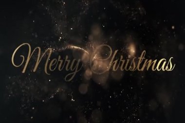Kar tanecikleri ve kar tanecikleriyle mutlu noel yazıları animasyonu. Siyah arkaplanda Noel kartı isteği 4K hareketli grafikler canlandırması 