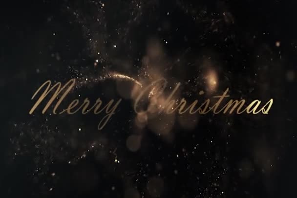 Merry Christmas Golden Text Animation Snow Particles Snowflakes Christmas Card — Stock Video